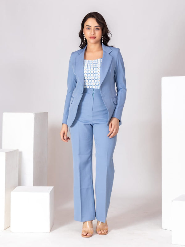 Powder Blue 3-Piece Set With Grid Pattern Top
